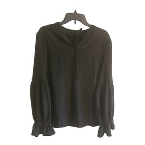 Unbranded Womens Blouse Plus size 1X Black Bell Ruffle Long Sleeves Tie Neck